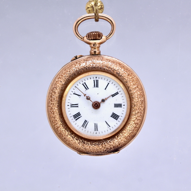 Taschenuhr mit buntem Emaillemotiv, 14 kt Gelbgold, Kronenaufzug
