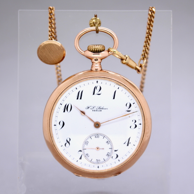 Löbner Taschenuhr mit Kette, 14 kt Roségold, Kronenaufzug