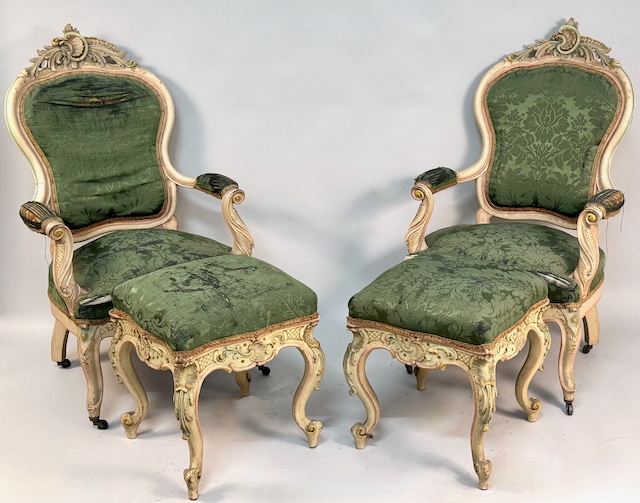 Paar Salon Barock Sessel und Schemel, Louis XV, 18 Jh., Frankreich