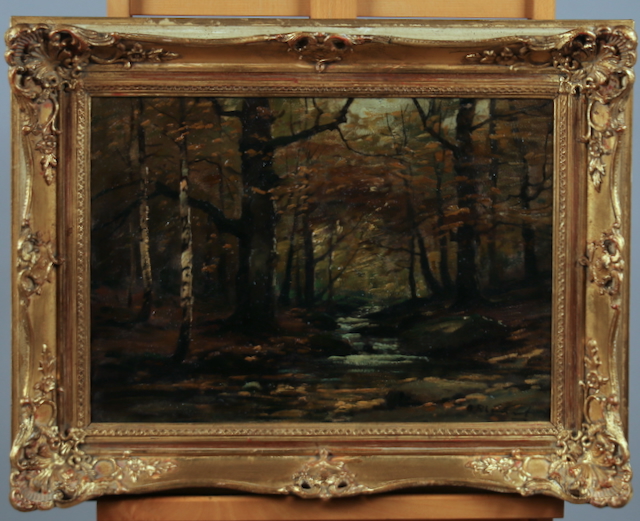Adolf Rheinert (1879 Düsseldorf - 1958 ebda.), Ölgemälde, Düsseldorfer Schule, „Waldinneres mit Bachlauf“